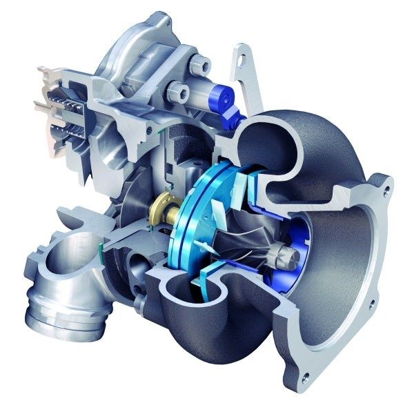 Coupe technique d’un turbocompresseur avec turbine et compresseur visibles