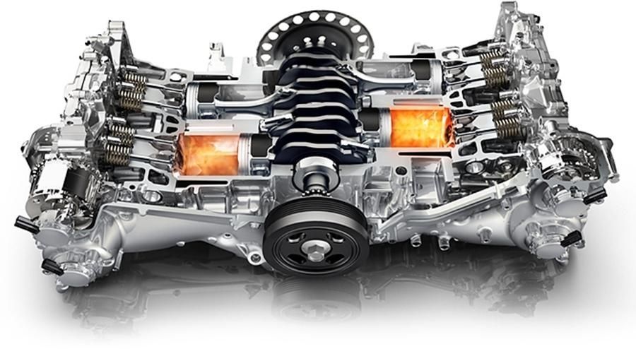 Moteur boxer en coupe montrant pistons opposés et vilebrequin central